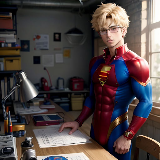 a man in a superman costume standing in front of a desk with a computer and a lamp on it