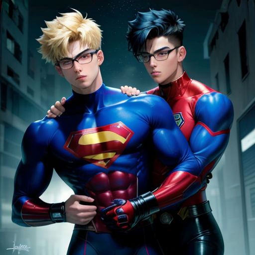 two men dressed as superman and spider man standing next to each other in a city street at night with a full moon