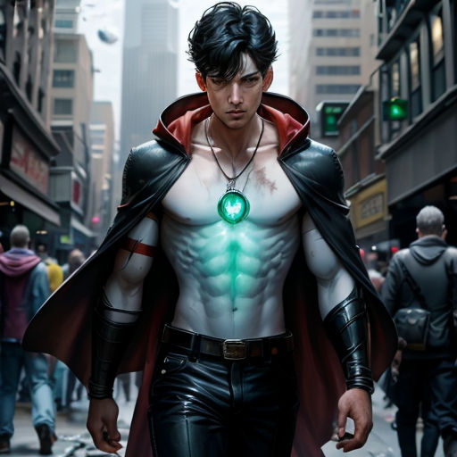 a man in a costume is walking down the street with a green light on his chest and a red cape