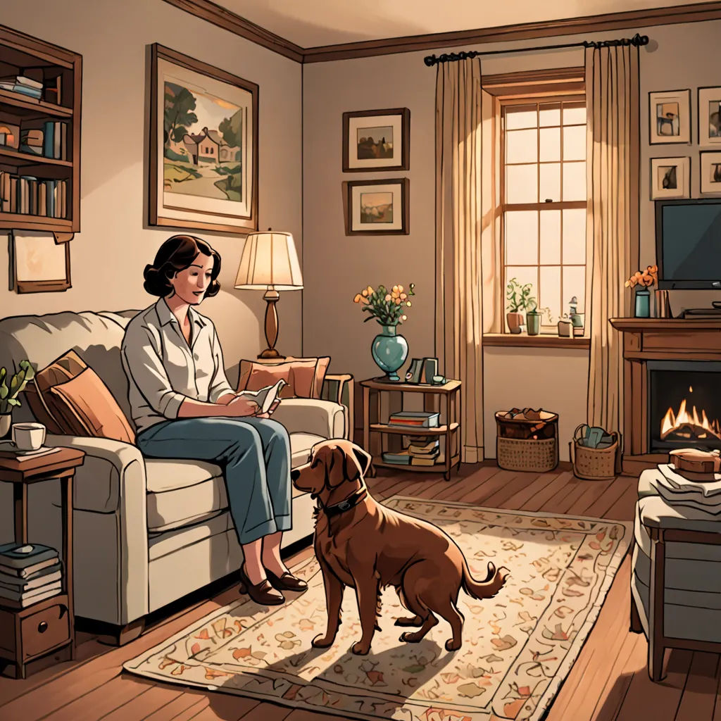 a woman sitting on a couch next to a dog in a living room with a fireplace and a television, american scene painting, a comic book panel, Chris Ware, graphic novel