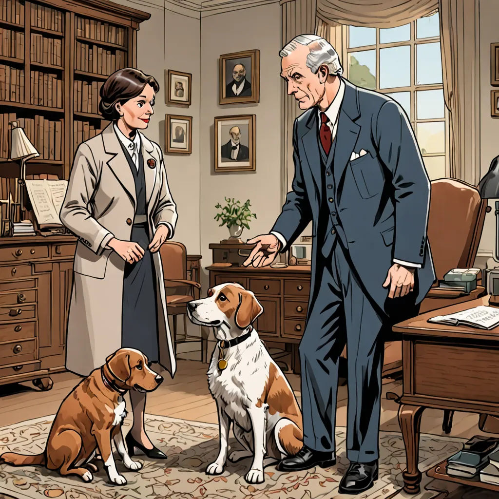 a man and woman standing in a room with two dogs and a man in a suit and tie and a woman in a dress, american scene painting, a comic book panel, Barron Storey, official art