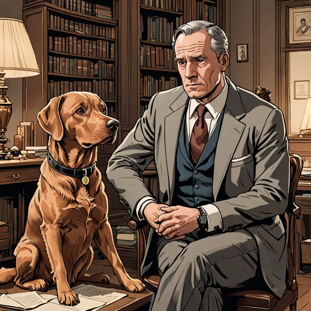 a man in a suit sitting next to a dog in a room with a bookcase and lamp on the table, sots art, a comic book panel, Barron Storey, official art