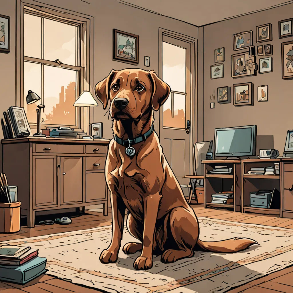 a dog sitting on a rug in a room with a desk and a computer monitor on it's side, furry art, a comic book panel, Chris Ware, laurie greasley