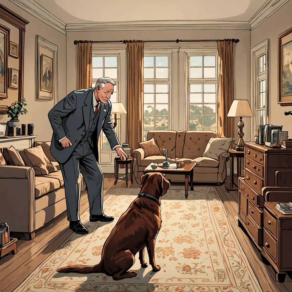 a man in a suit and tie standing in a living room with a dog looking at him in the mirror, american realism, a comic book panel, Barron Storey, graphic novel