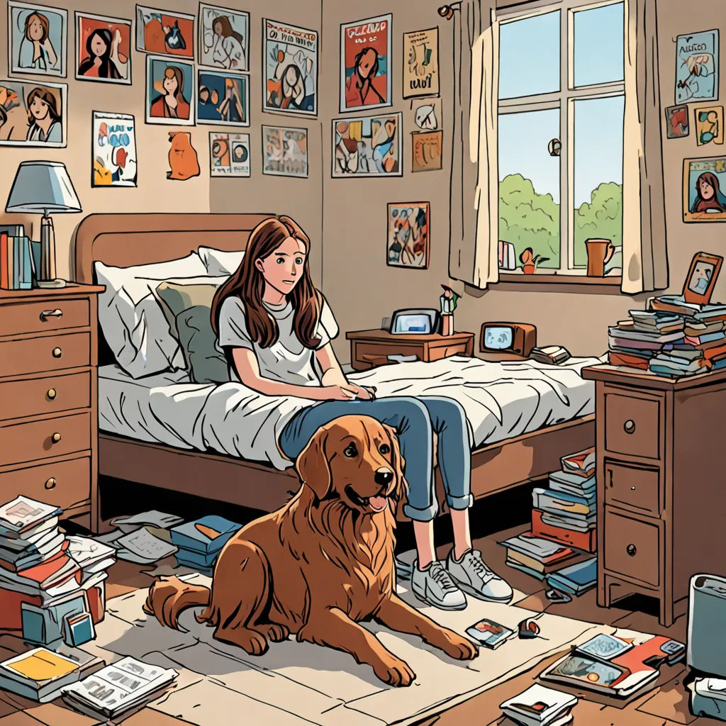 a girl sitting on a bed with a dog in front of her and a pile of books on the floor, context art, a comic book panel, Colin Middleton, comic book