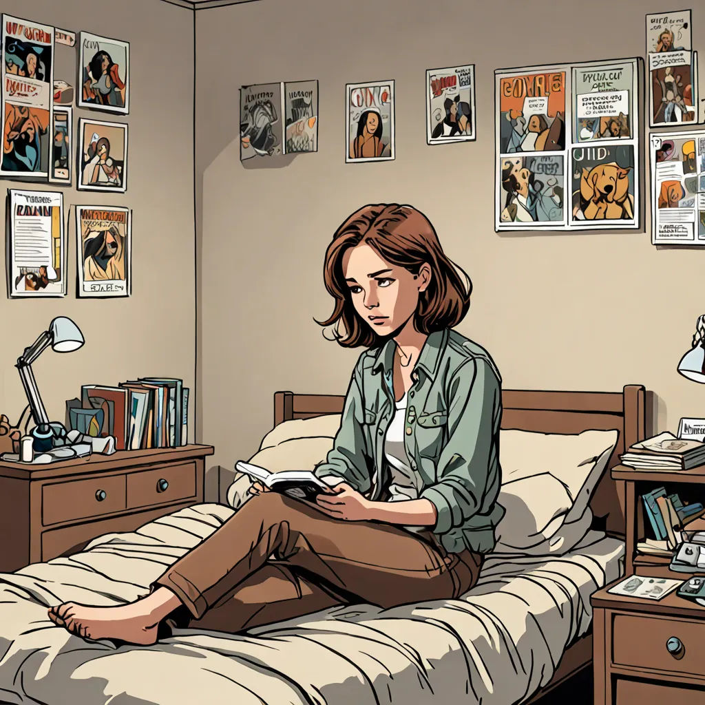 a woman sitting on a bed reading a book in a bedroom with posters on the wall behind her and a lamp on the nightstand, academic art, a comic book panel, Colin Middleton, graphic novel