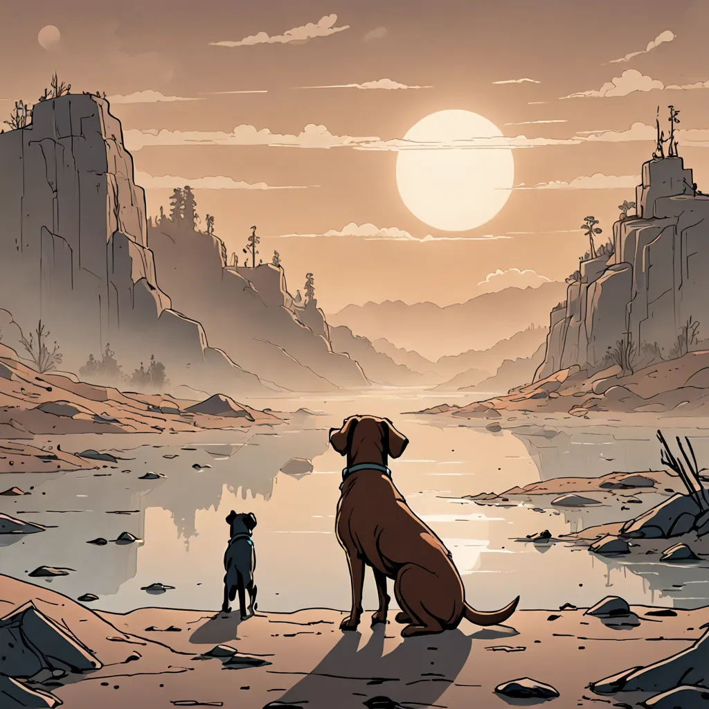 a dog and a cat are sitting on a rocky shore looking at the sun over a lake and mountains, serial art, an album cover, Dan Mumford, promotional image