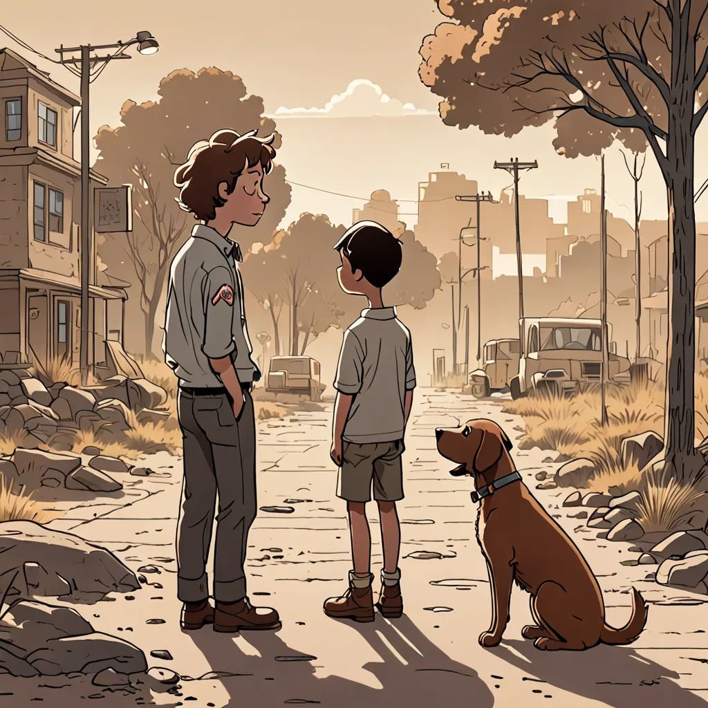 a boy and a boy standing on a street with a dog looking at him and a man standing next to him, serial art, a comic book panel, Asaf Hanuka, graphic novel