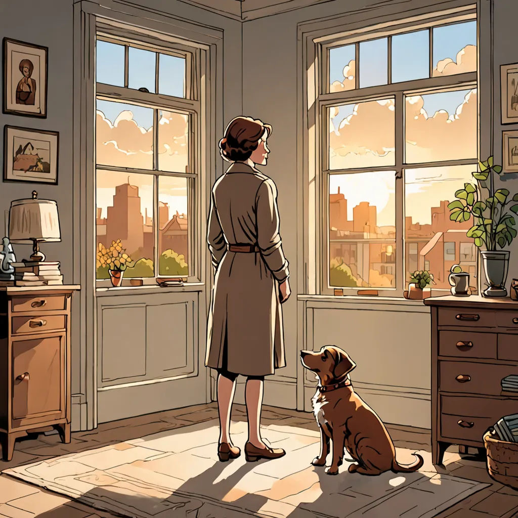 a woman standing in a room with a dog looking out the window at the city outside the window is a dresser and a dresser, private press, a comic book panel, Chris Ware, edward hopper and james gilleard