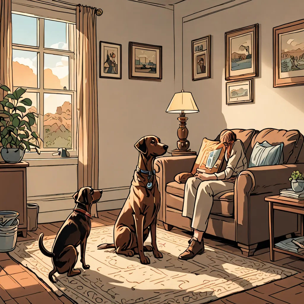 a woman sitting on a couch next to a dog in a living room with a lamp on a table, private press, a comic book panel, Cliff Childs, cliff chiang