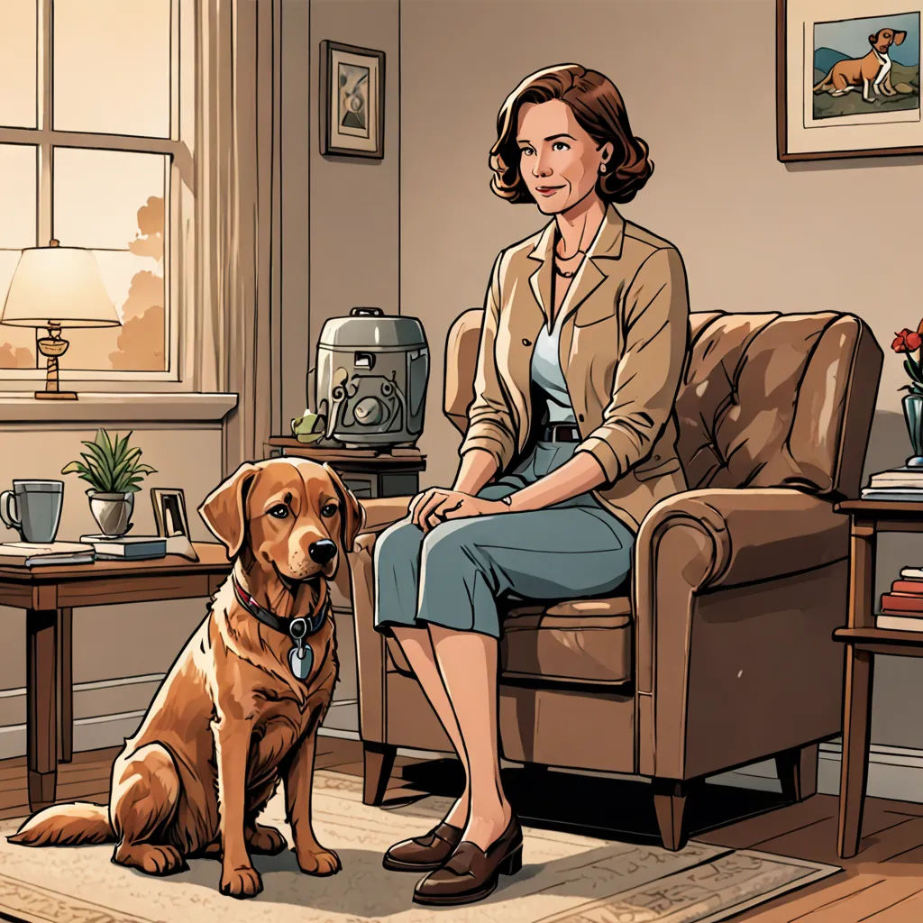 a woman sitting on a couch next to a dog in a living room with a coffee table and a lamp, serial art, a comic book panel, Frances Currey, official art