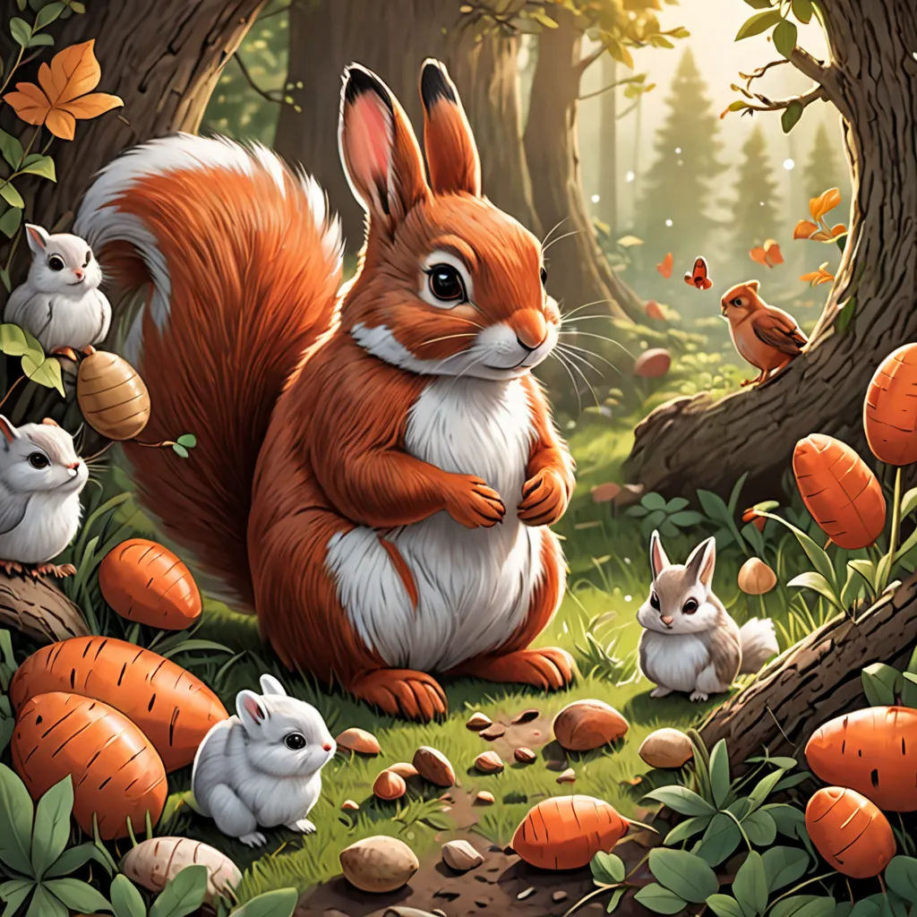 a painting of a squirrel and her babies in a forest with trees and leaves and rocks and grass and rocks, Chris LaBrooy, furry art, a storybook illustration, official art