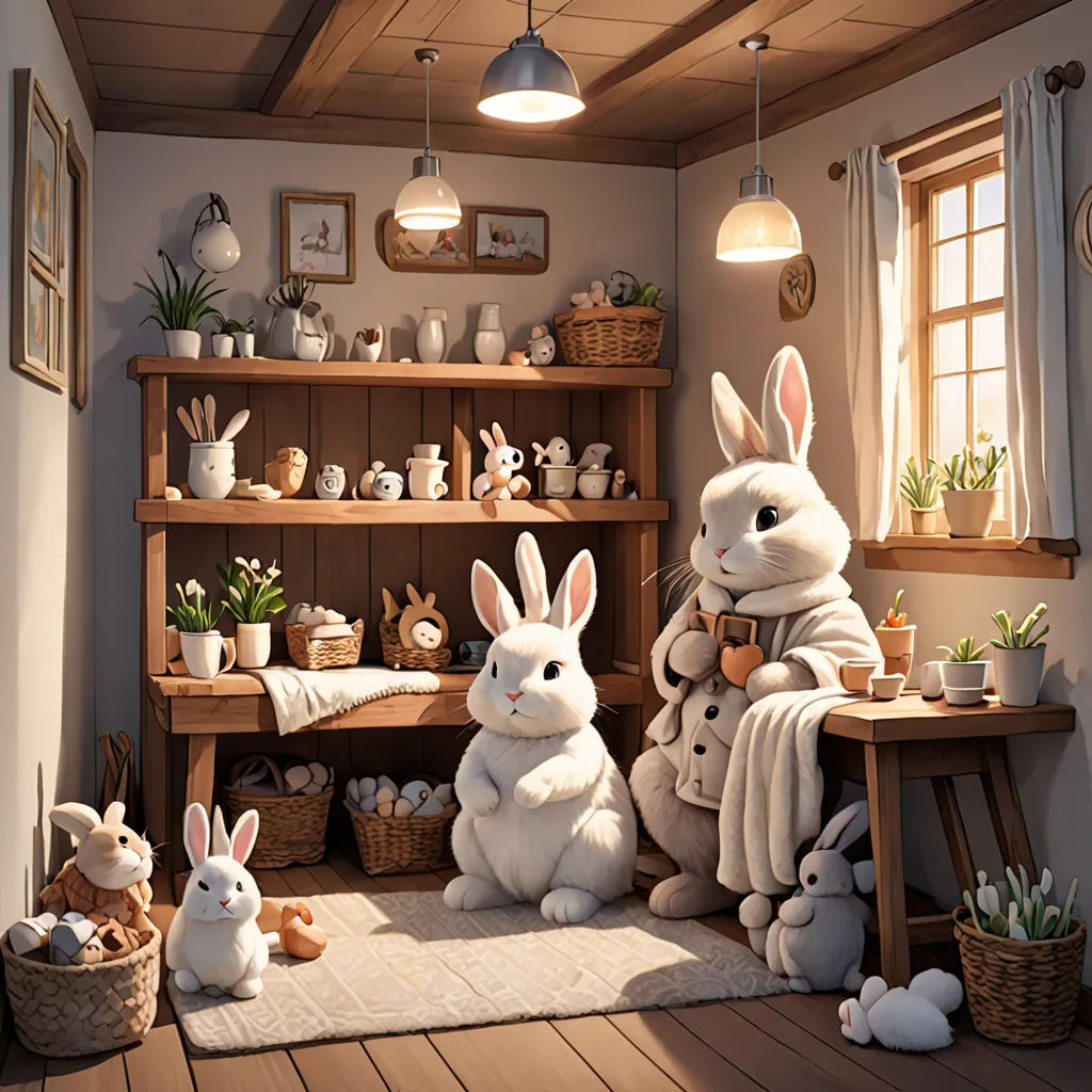 a room with a shelf full of stuffed animals and a stuffed bunny sitting on the floor in front of it, Chris LaBrooy, photorealism, a storybook illustration, rossdraws global illumination