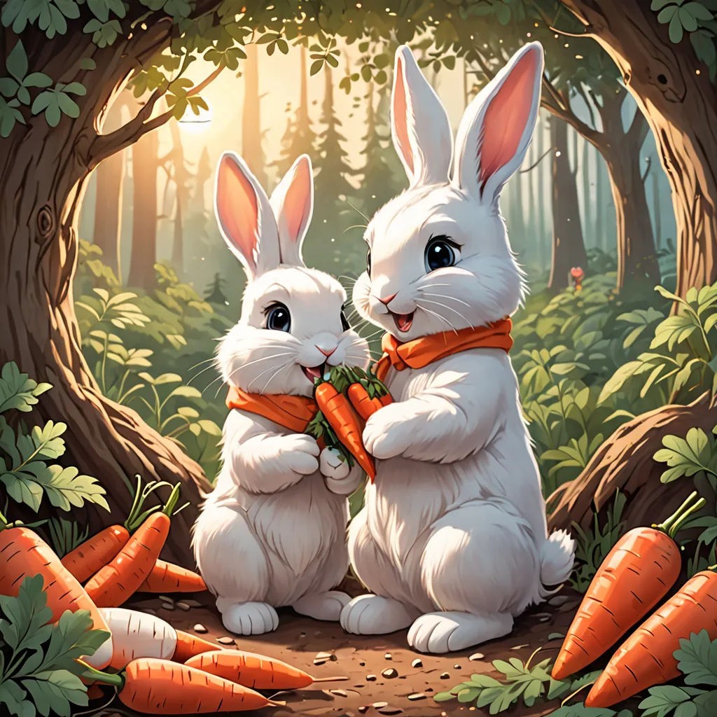two rabbits are holding carrots in a forest setting with trees and foliage around them, with the sun shining through the trees, Chris Rahn, furry art, a storybook illustration, official art