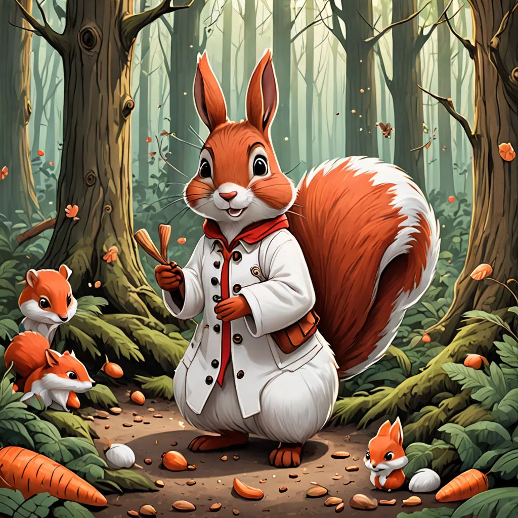 a painting of a squirrel in a forest with a chef outfit and a squirrel in the foreground, and a forest with a squirrel in the background, Chris LaBrooy, furry art, a storybook illustration, storybook illustration