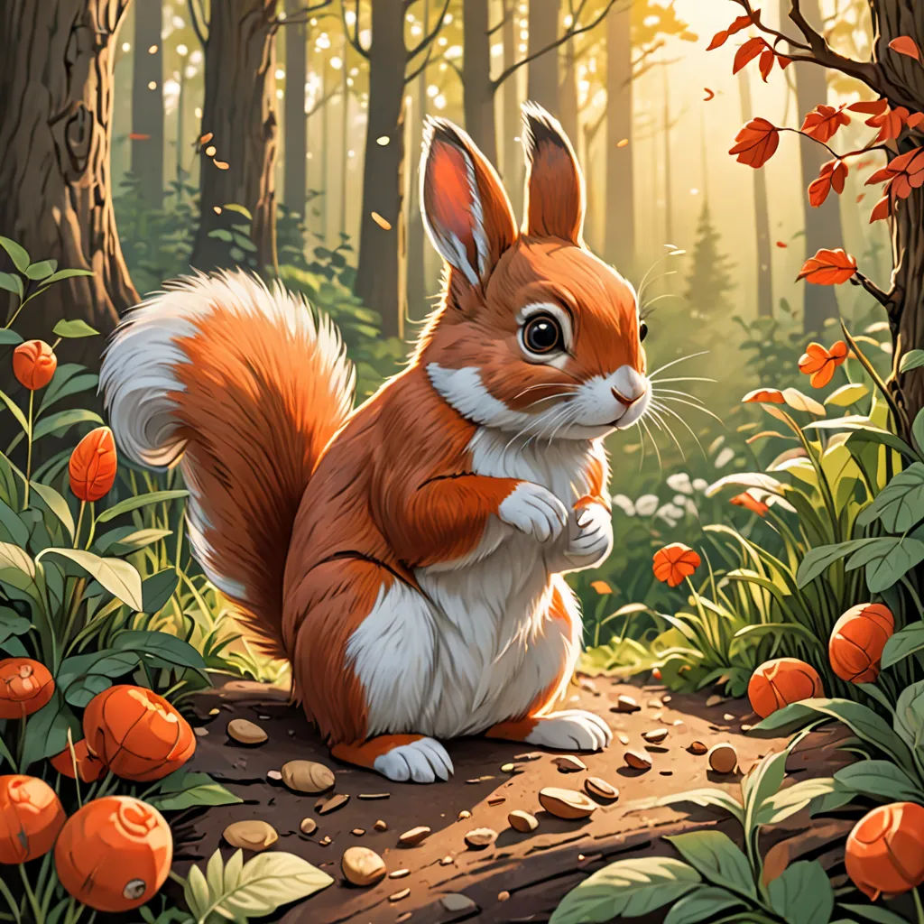 a painting of a squirrel in a forest with flowers and trees in the background, with a sunbeam, Chris LaBrooy, furry art, a fine art painting, rossdraws global illumination