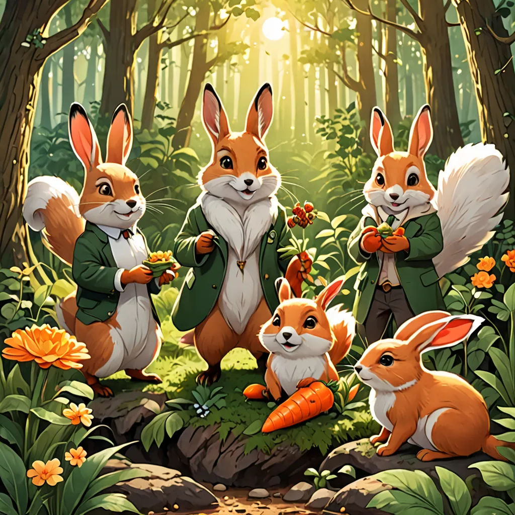 a group of rabbits standing in a forest with carrots and flowers in their hands and a man holding a carrot, Chris LaBrooy, furry art, a detailed painting, official art