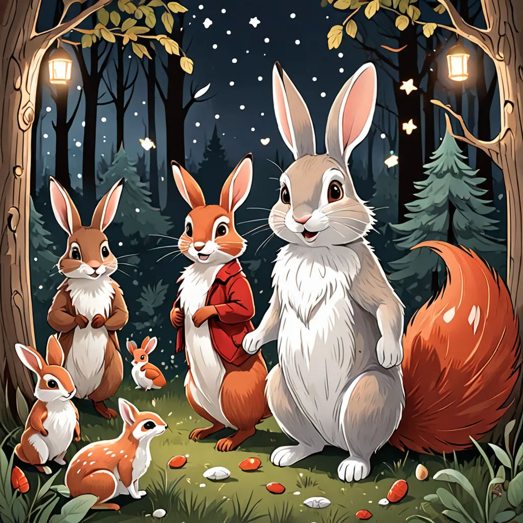 a group of rabbits standing in the forest at night with lanterns on the trees behind them and a lantern in the sky, Chris LaBrooy, furry art, a storybook illustration, storybook illustration