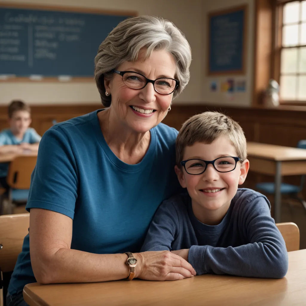 a woman and a boy sitting at a table in a classroom with a chalkboard behind them and a chalkboard behind them, heidelberg school, a stock photo, Anne Rigney, glasses