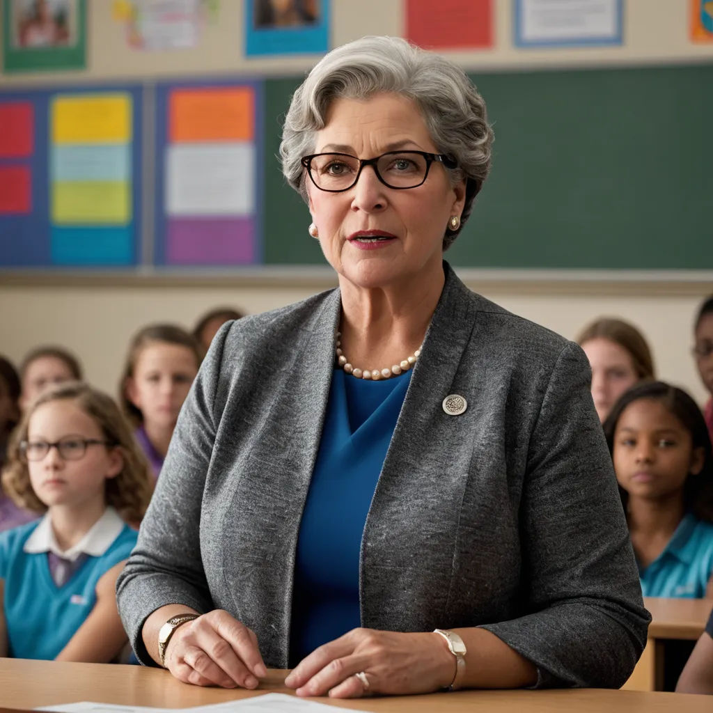 a woman sitting at a desk in front of a group of children in a classroom with a teacher in the background, institutional critique, a stock photo, Daphne Fedarb, promotional image
