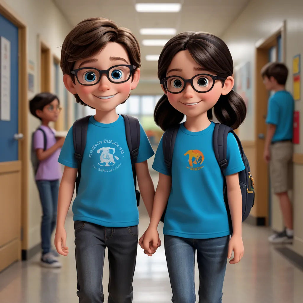 two children in blue shirts and glasses walking down a hallway together with a backpack on their shoulders and a backpack on their shoulder, vancouver school, concept art, Felix-Kelly, promotional image