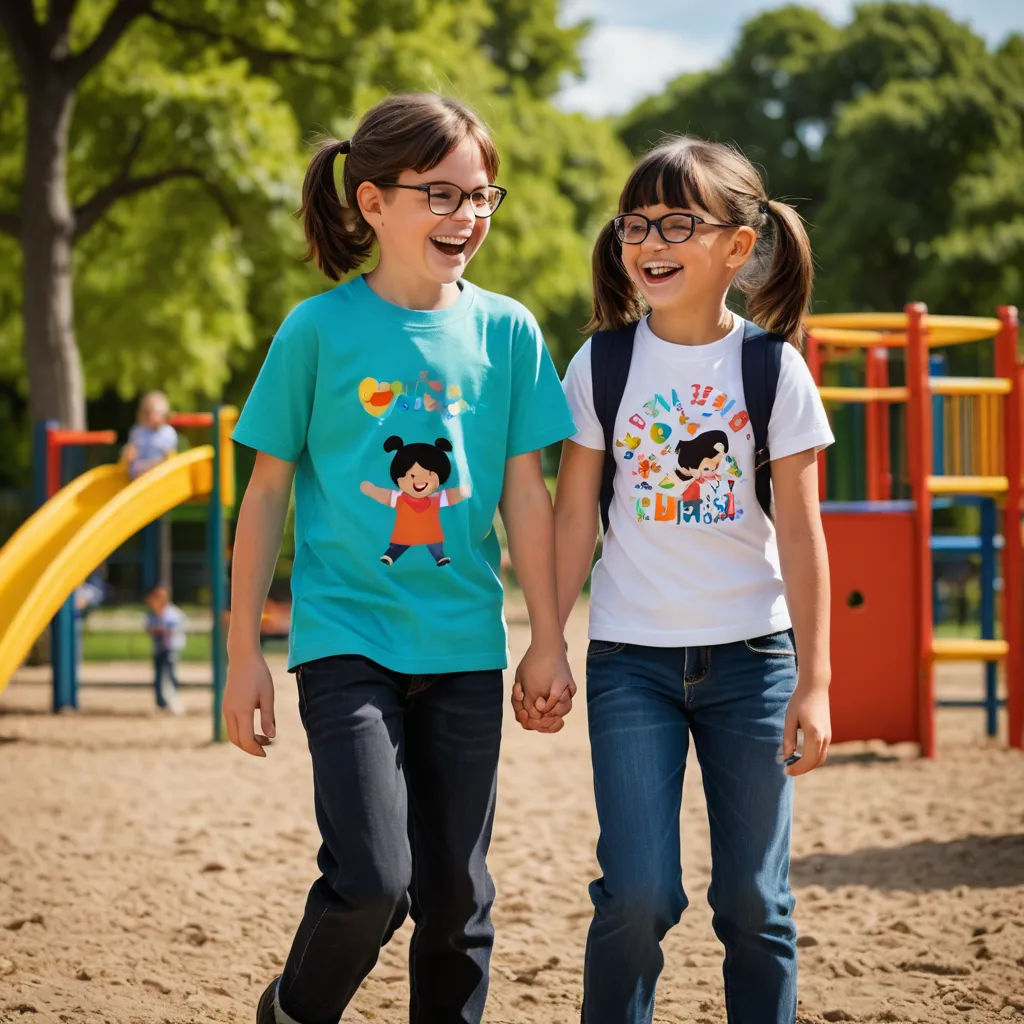 two girls walking together in a park holding hands and smiling at the camera, with a playground in the background, naive art, a storybook illustration, Christian Hilfgott Brand, detailed product photo