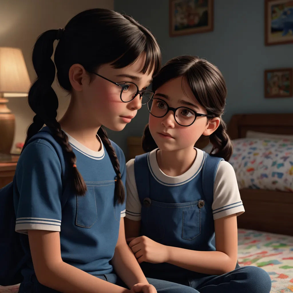 two young girls sitting on a bed looking at each other with glasses on their faces and one girl with a ponytail, photorealism, concept art, Ada Gladys Killins, cgstudio