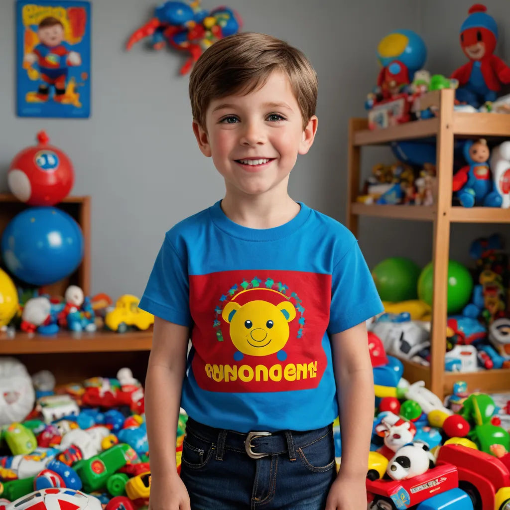 a young boy standing in front of a pile of toys in a room with a blue wall and shelves of toys, toyism, a stock photo, Adam Manyoki, product photo