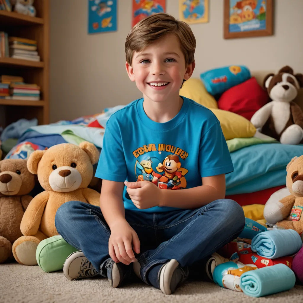 a boy sitting on the floor with stuffed animals around him and smiling at the camera, with a teddy bear in the background, lowbrow, a character portrait, Bryan Organ, product photo