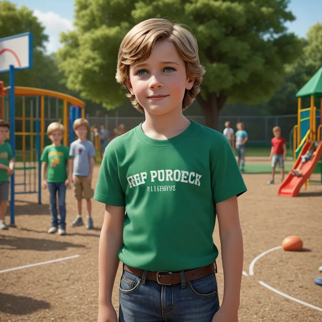 a young boy in a green shirt standing in front of a playground with other children in the background and a playground with a play area, paris school, a character portrait, Fede Galizia, promotional image