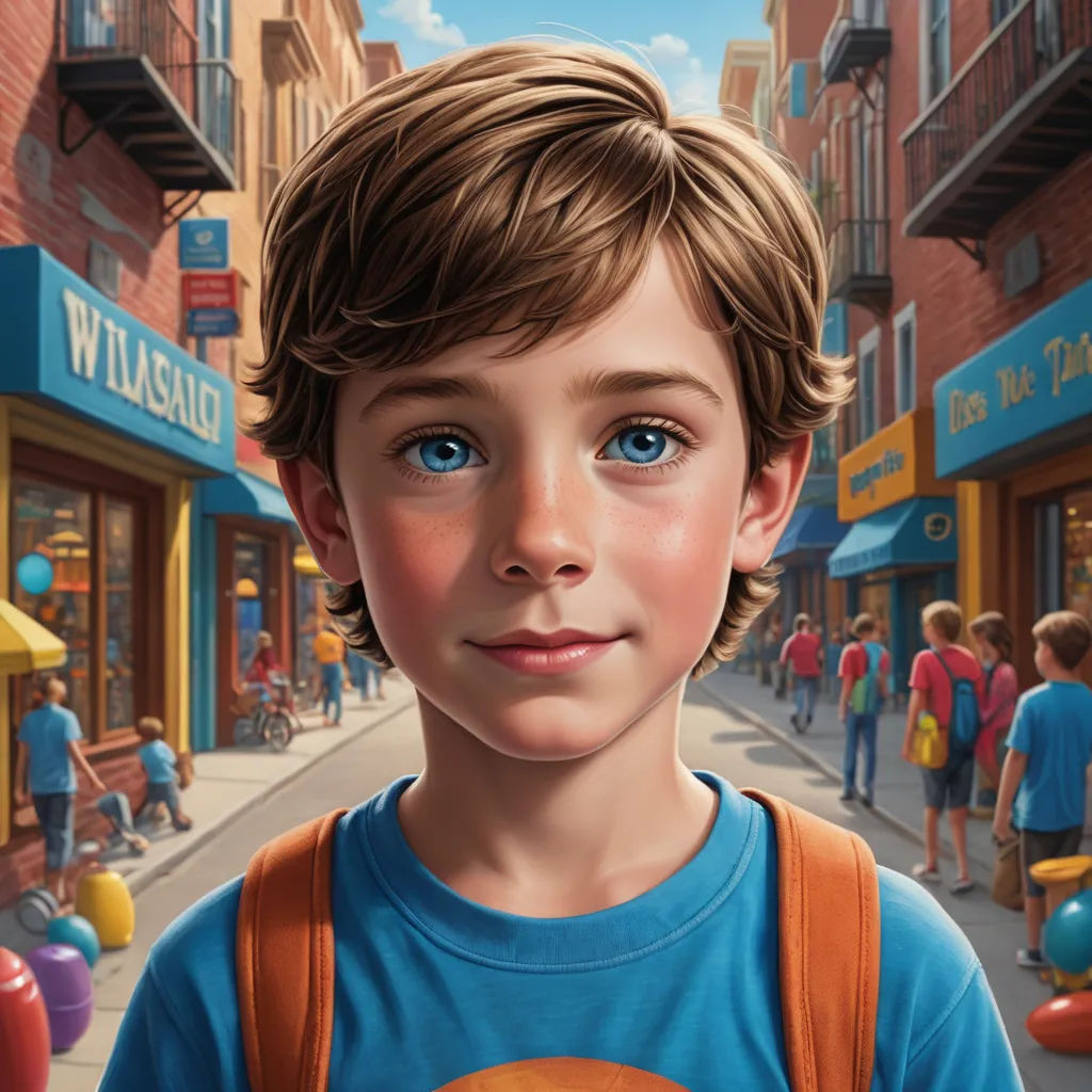 a boy with a backpack is standing in front of a street with balloons and buildings and people walking around, hyperrealism, a hyperrealistic painting, Aaron Jasinski, highly detailed digital painting