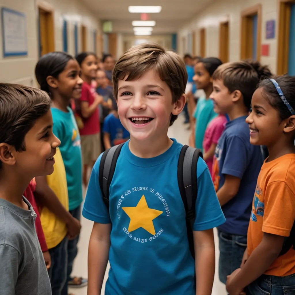 a group of children standing in a hallway smiling at each other with a star on the t - shirt, northwest school, a stock photo, Ben Zoeller, promotional image