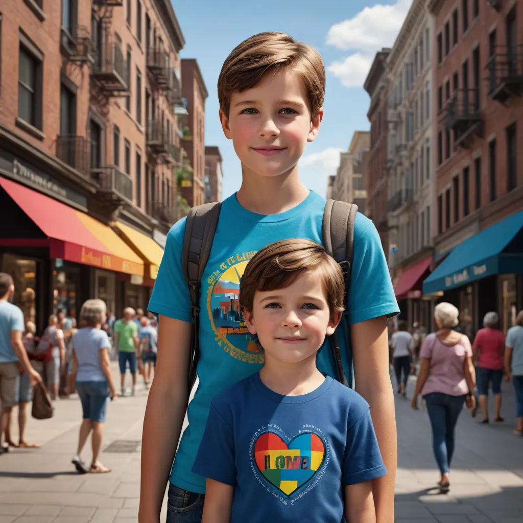 a boy and a boy standing next to each other on a street with people walking by on the sidewalk, american scene painting, a tilt shift photo, Christian Hilfgott Brand, anamorphic lens flare