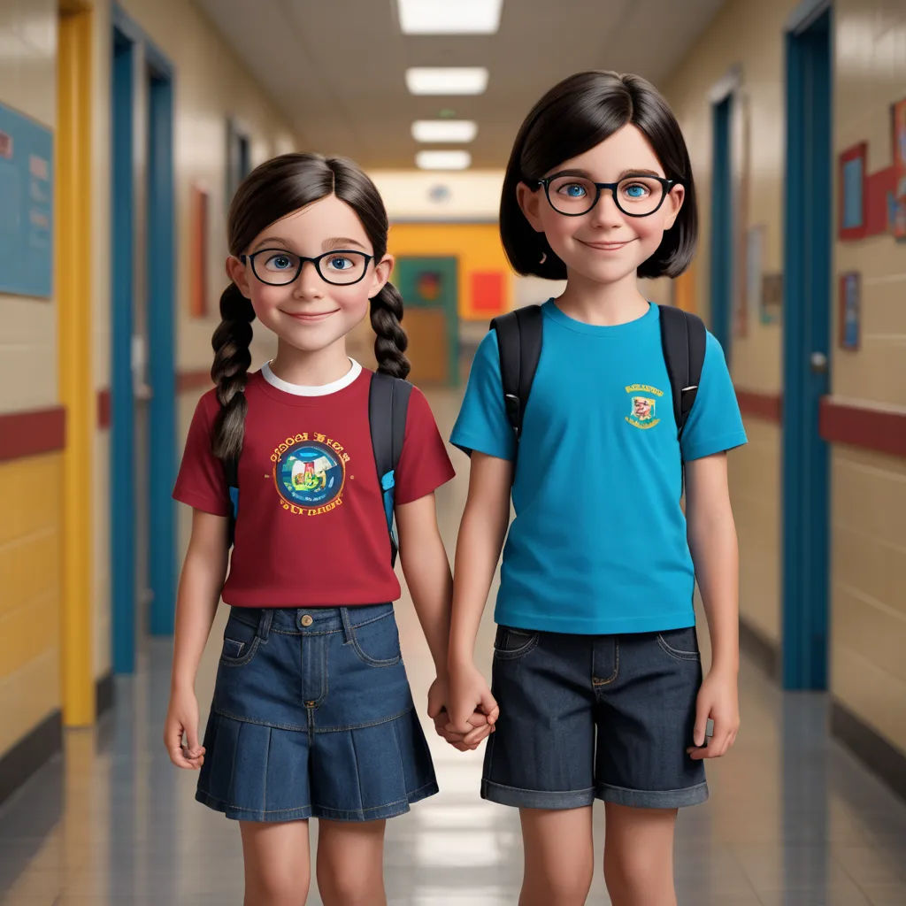two young girls holding hands in a hallway of a school building, both wearing glasses and holding hands with each other, photorealism, a computer rendering, Ada Gladys Killins, unreal engine 5 highly rendered