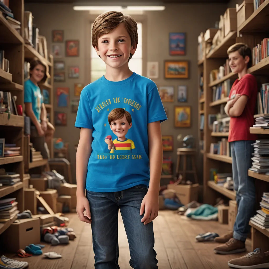 a boy standing in a library with a picture of himself on his shirt and a woman standing behind him, maximalism, a storybook illustration, Bob Byerley, promotional image