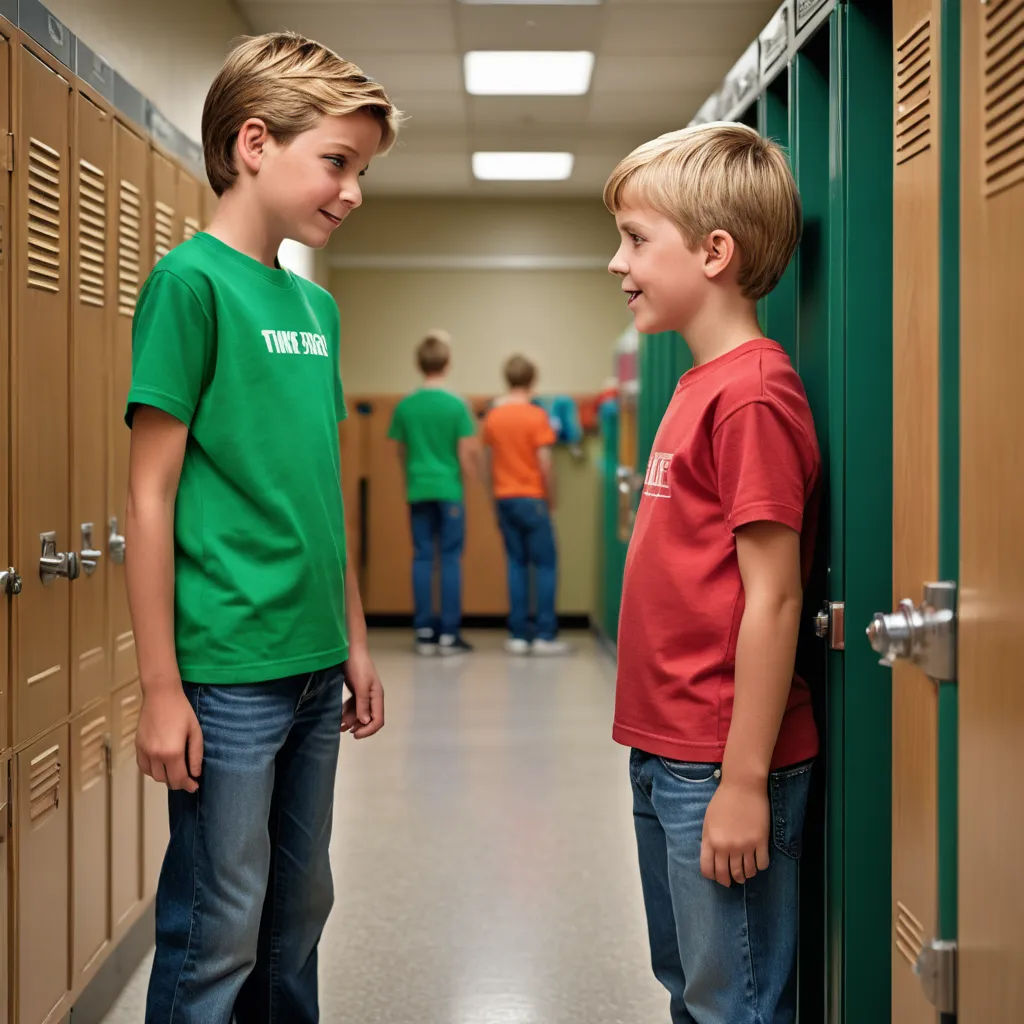 two boys standing in a hallway between lockers looking at each other and smiling at each other with people in the background, institutional critique, a stock photo, Andries Both, war