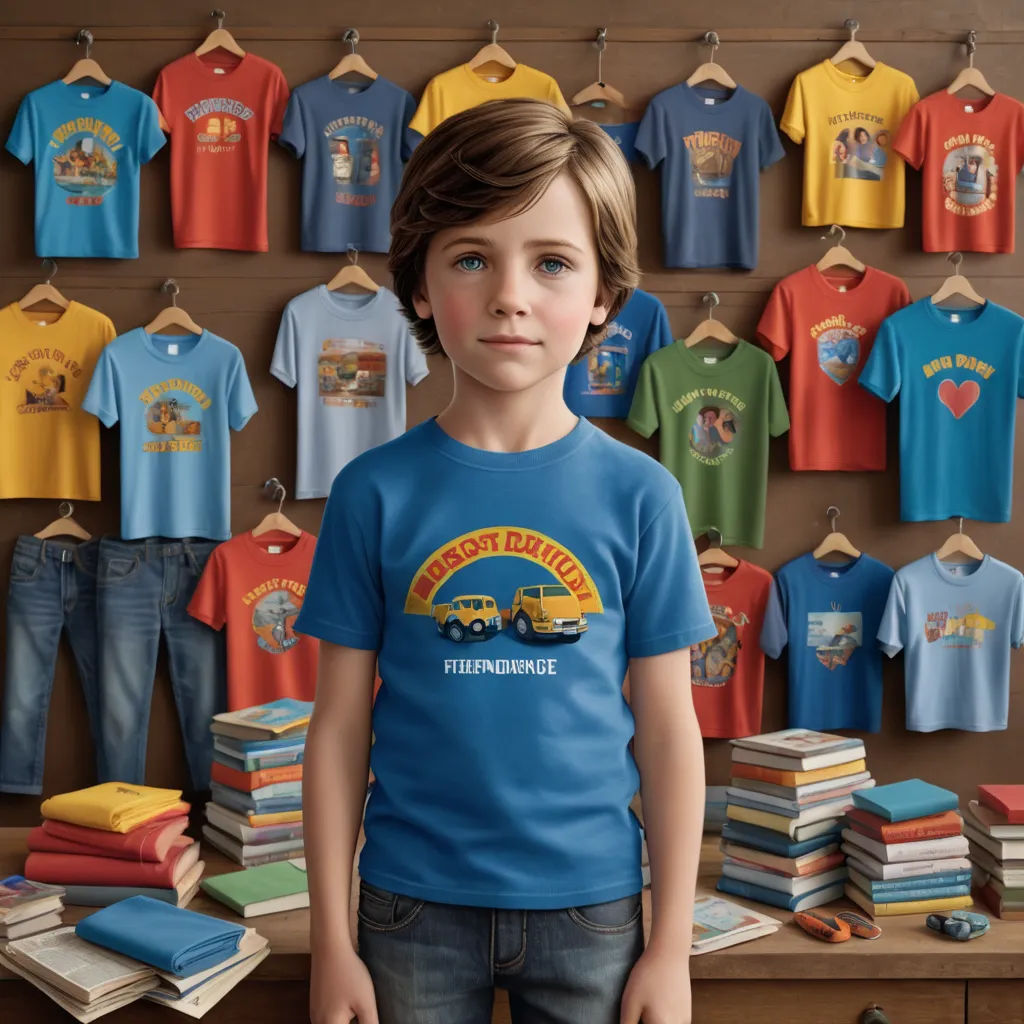 a boy standing in front of a wall of shirts and books in a store with a truck on it, photorealism, computer graphics, Bob Byerley, highly detailed digital painting