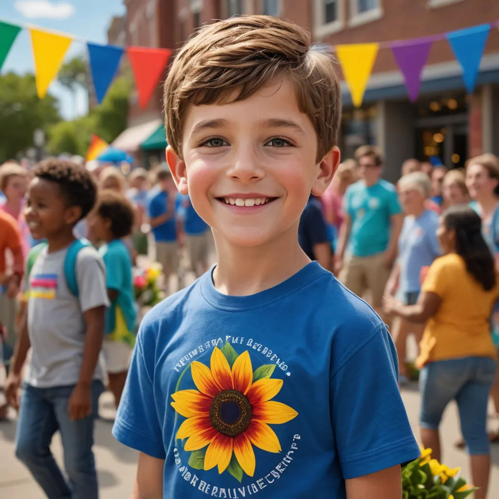 a young boy smiles as he stands in front of a crowd of people on a street with flags and bunting, regionalism, a stock photo, Ben Zoeller, promotional image