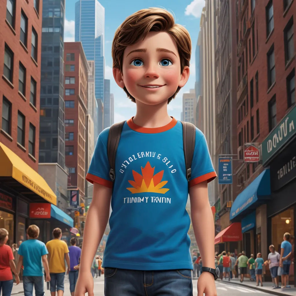a cartoon boy with a backpack on a city street with people walking by and buildings in the background and a street sign in the foreground, photorealism, concept art, Adam Rex, pixar and disney animation
