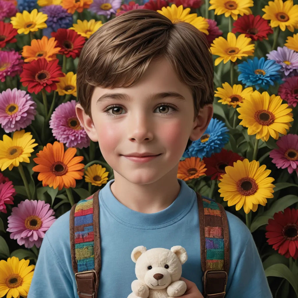 a boy holding a teddy bear in front of a field of flowers with a teddy bear in his hands, photorealism, a photorealistic painting, Brad Kunkle, promotional image
