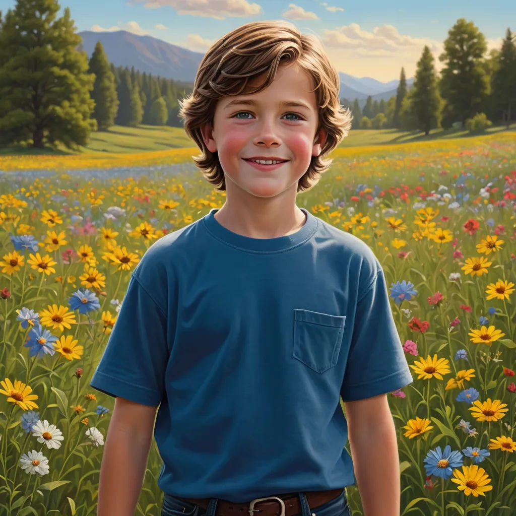 a painting of a boy standing in a field of flowers with mountains in the background and a blue sky, american scene painting, a hyperrealistic painting, Aaron Jasinski, book cover