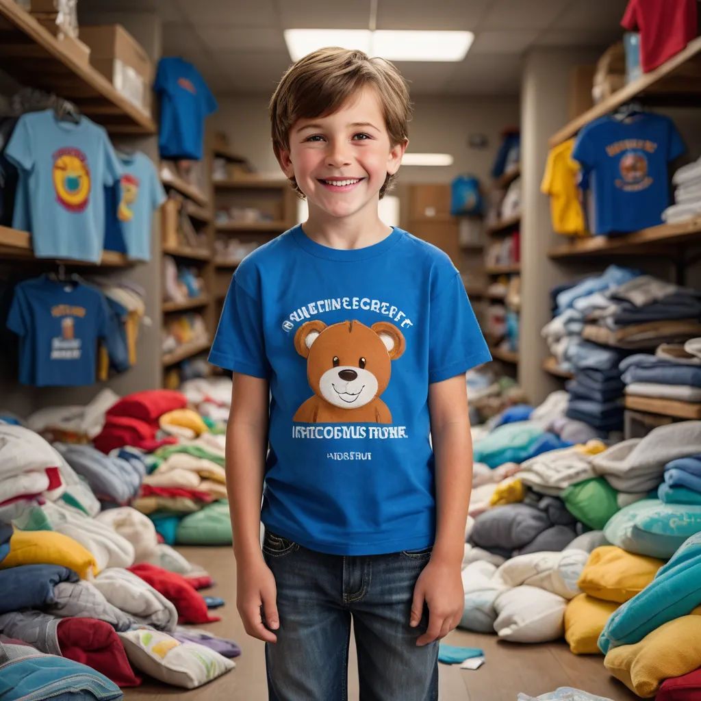a young boy standing in front of a pile of shirts in a store with a teddy bear on the front, neoplasticism, a character portrait, Christian Hilfgott Brand, product photo