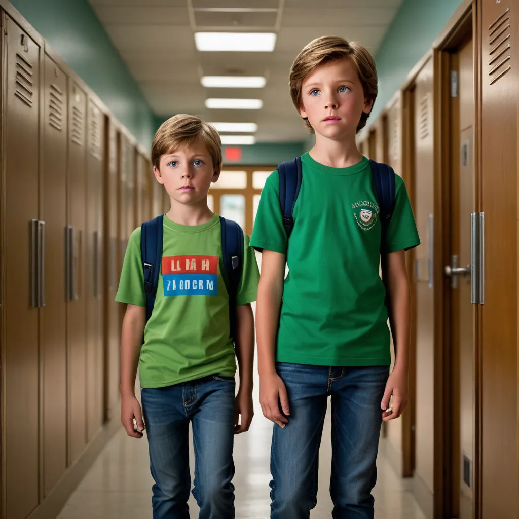 two young boys are standing in a hallway with lockers in the background and one boy is wearing a green shirt and the other is wearing a green shirt, vancouver school, a stock photo, Daniel Lieske, promotional image