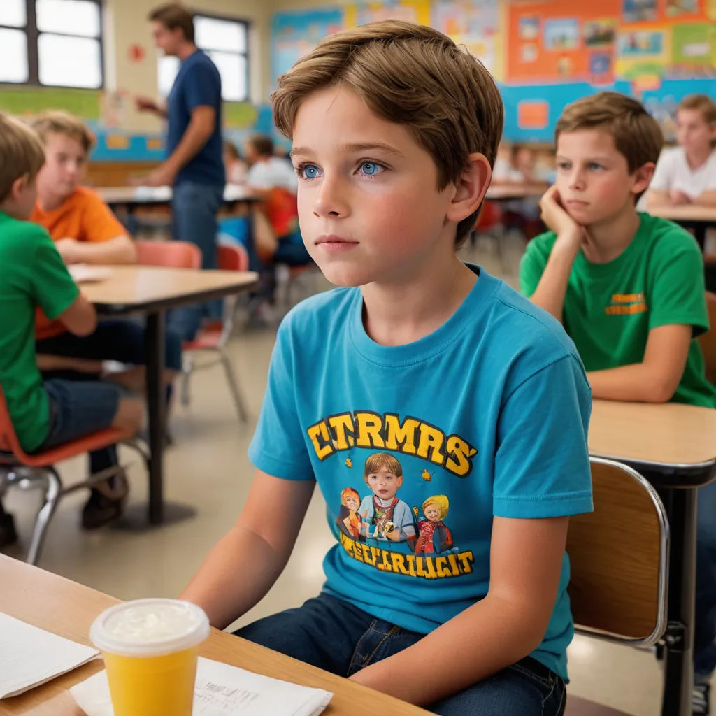 a boy sitting at a desk with a drink in front of him and other children in the background sitting at desks, les automatistes, a character portrait, Adam Rex, movie still