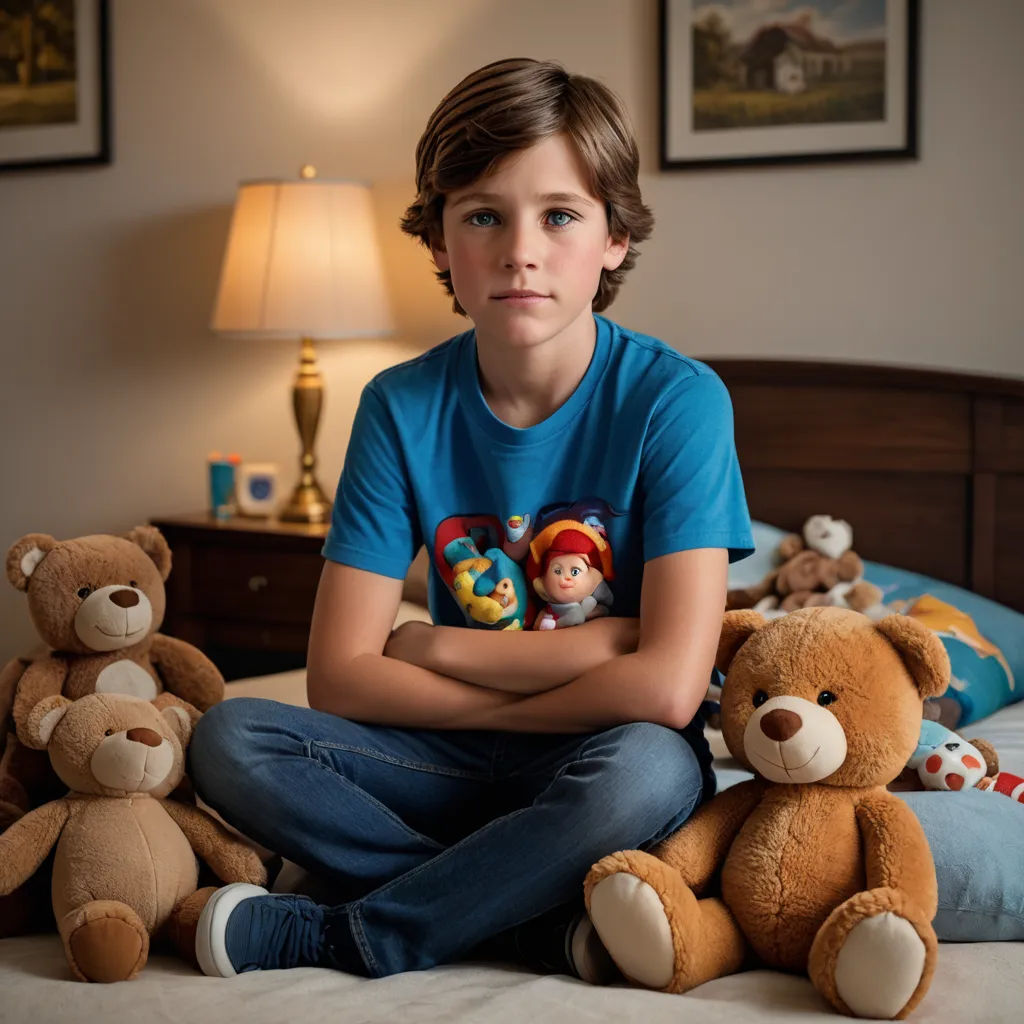 a boy sitting on a bed with stuffed animals around him and a lamp on the side of the bed, american barbizon school, a character portrait, Evan Charlton, promotional image