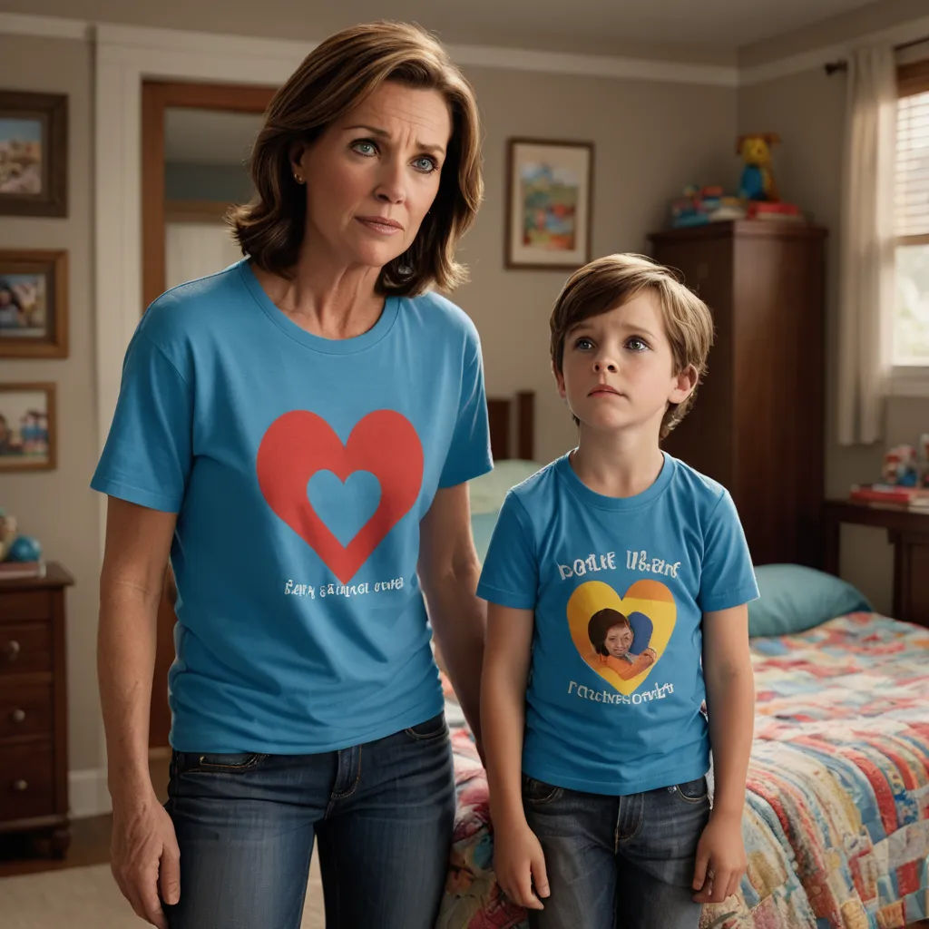 a woman and a child wearing matching shirts in a bedroom with a bed and dressers in the background, shock art, a character portrait, Adam Rex, promotional image