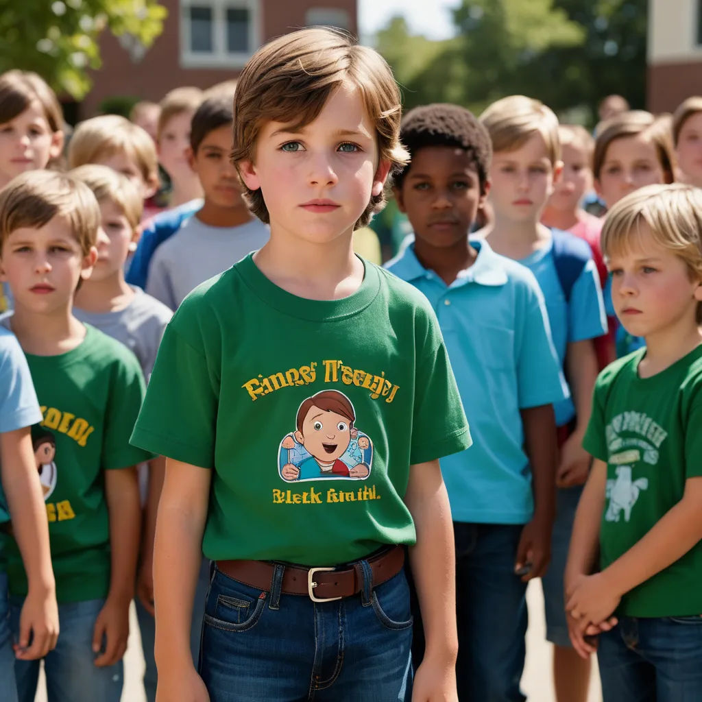 a group of children standing in a line with a boy in a green shirt and a boy in a blue shirt, les automatistes, a character portrait, Andries Stock, promotional image