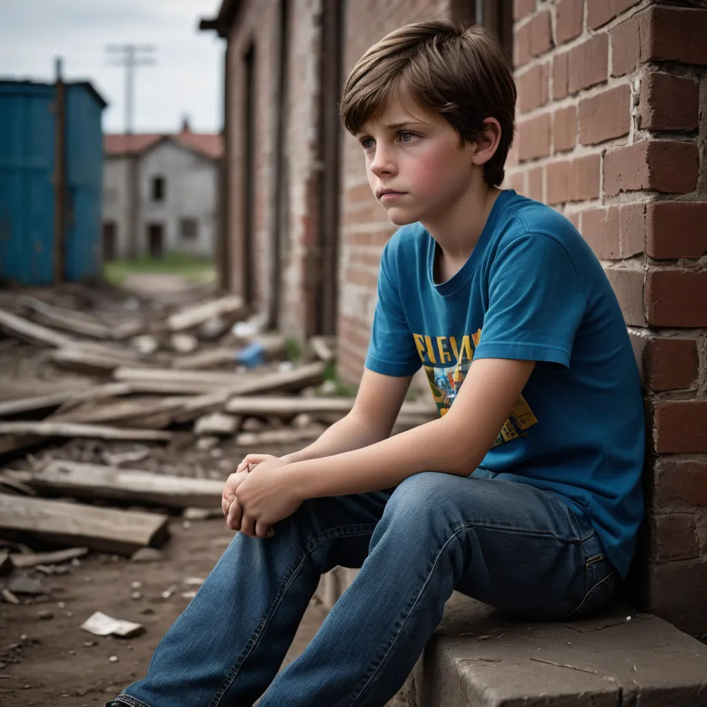 a young boy sitting on a brick wall next to a building with a broken door and a broken window, american realism, a character portrait, Daniel Lieske, promotional image
