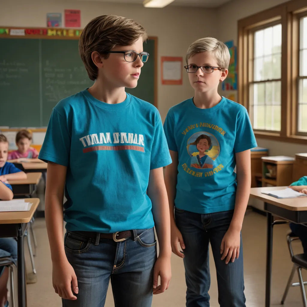 two boys in blue shirts standing in a classroom with their hands on their hipss and looking at each other, les automatistes, a hologram, Daniel Lieske, promotional image