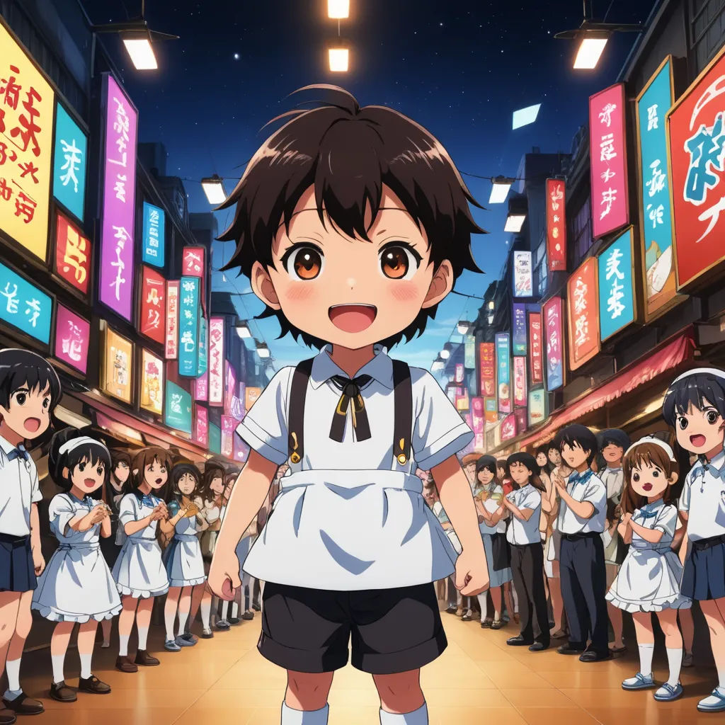 a group of children in school uniforms standing in front of a crowd of people in a store with asian signs, rayonism, poster art, Baiōken Eishun, anime key visual